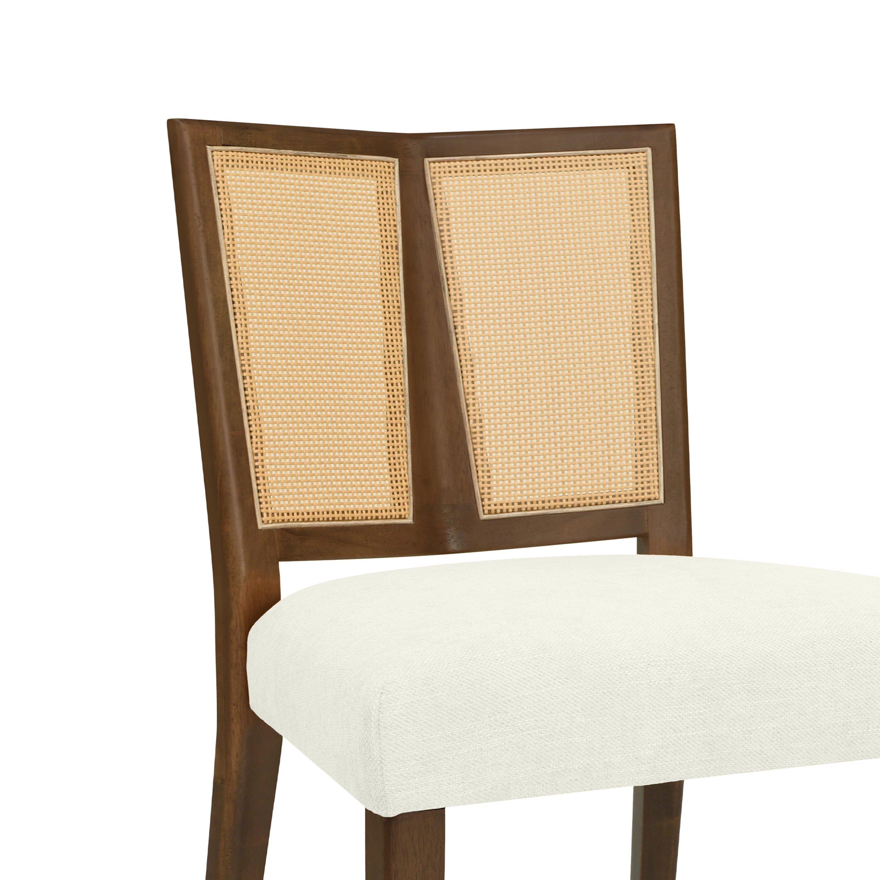 Close-up of rattan backrest on mid-century dining chair, showcasing woven texture and angled wood frame design.