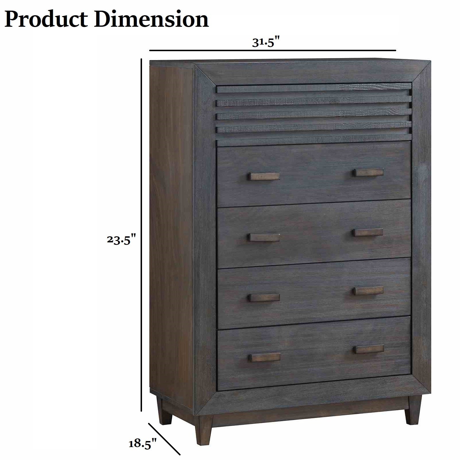 Dimensions of transitional bedroom chest: 31.5 inches wide, 18.5 inches deep, and 23.5 inches high, with slat design and solid wood build.