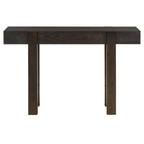 Front view of Rustic Console Table - Power Outlet | Solid Wood, Minimalist highlighting its clean lines and dark wood finish.