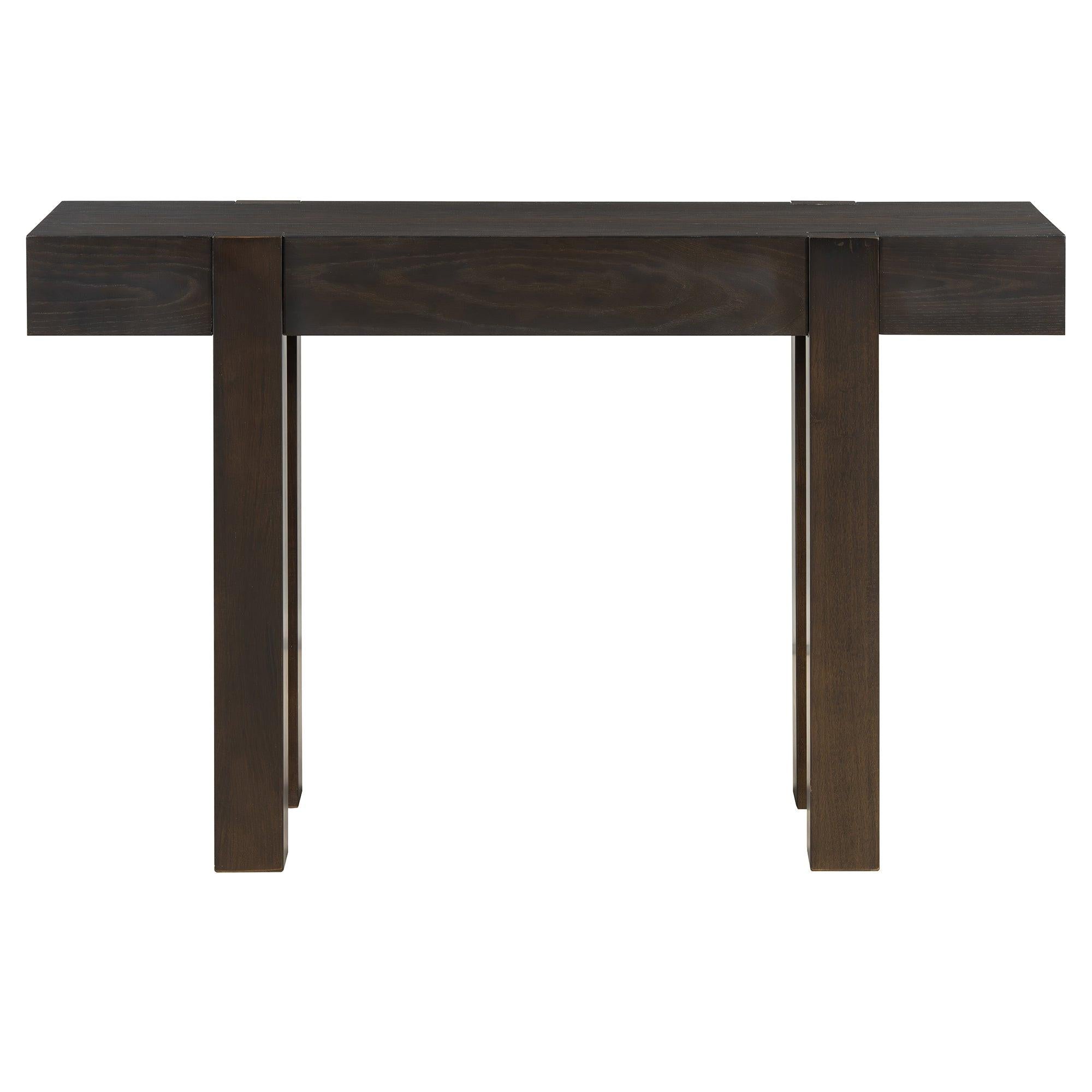 Front view of Rustic Console Table - Power Outlet | Solid Wood, Minimalist highlighting its clean lines and dark wood finish.