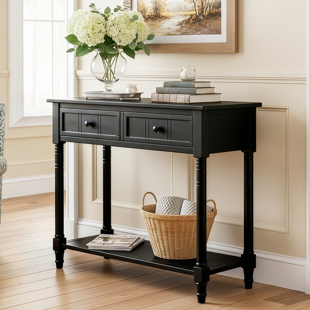 TREXM Daisy Series Console Table Traditional Design with Two Drawers and Bottom Shelf (Black)
