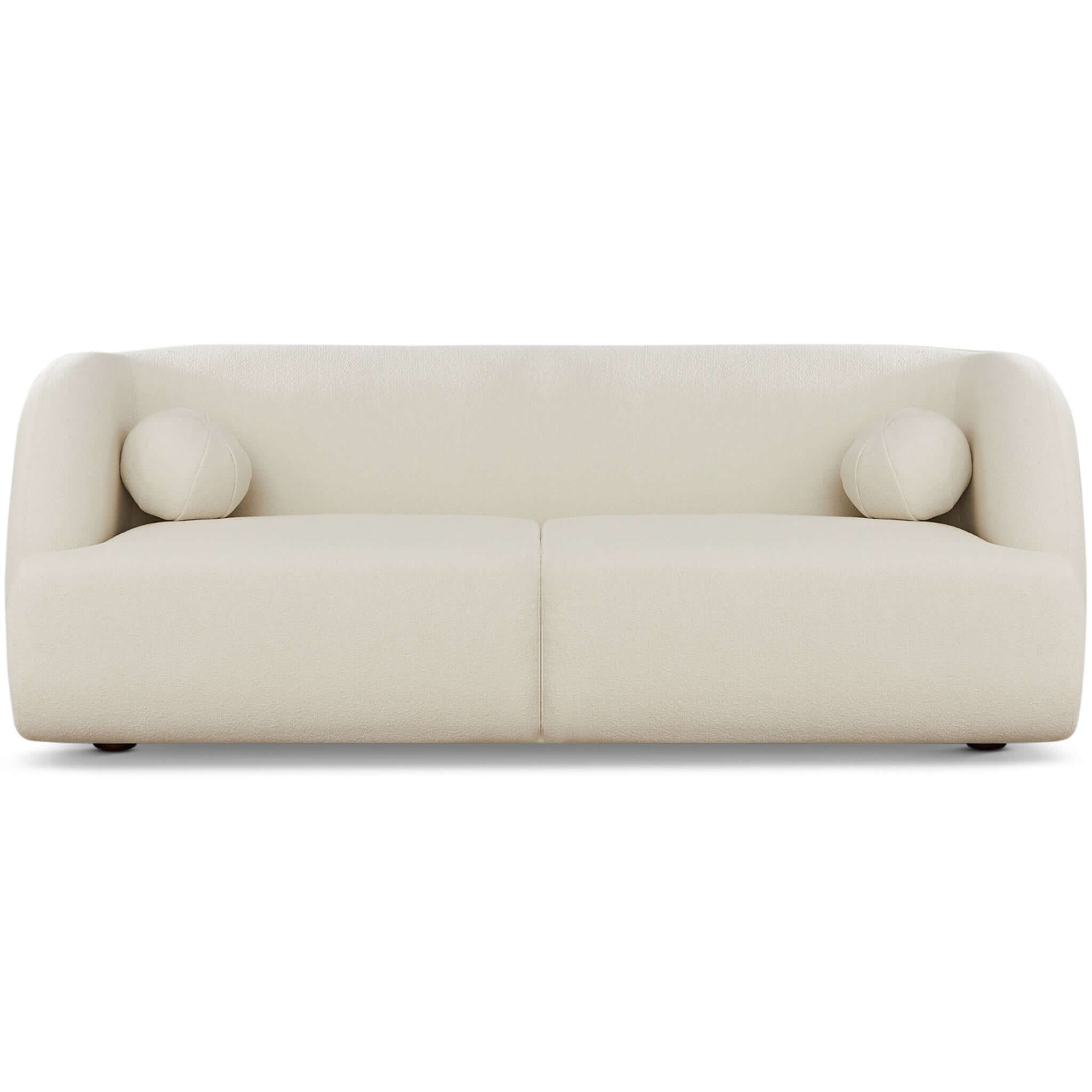 Modern white boucle sofa with curved silhouette, two round bolster pillows, and subtle wood legs.