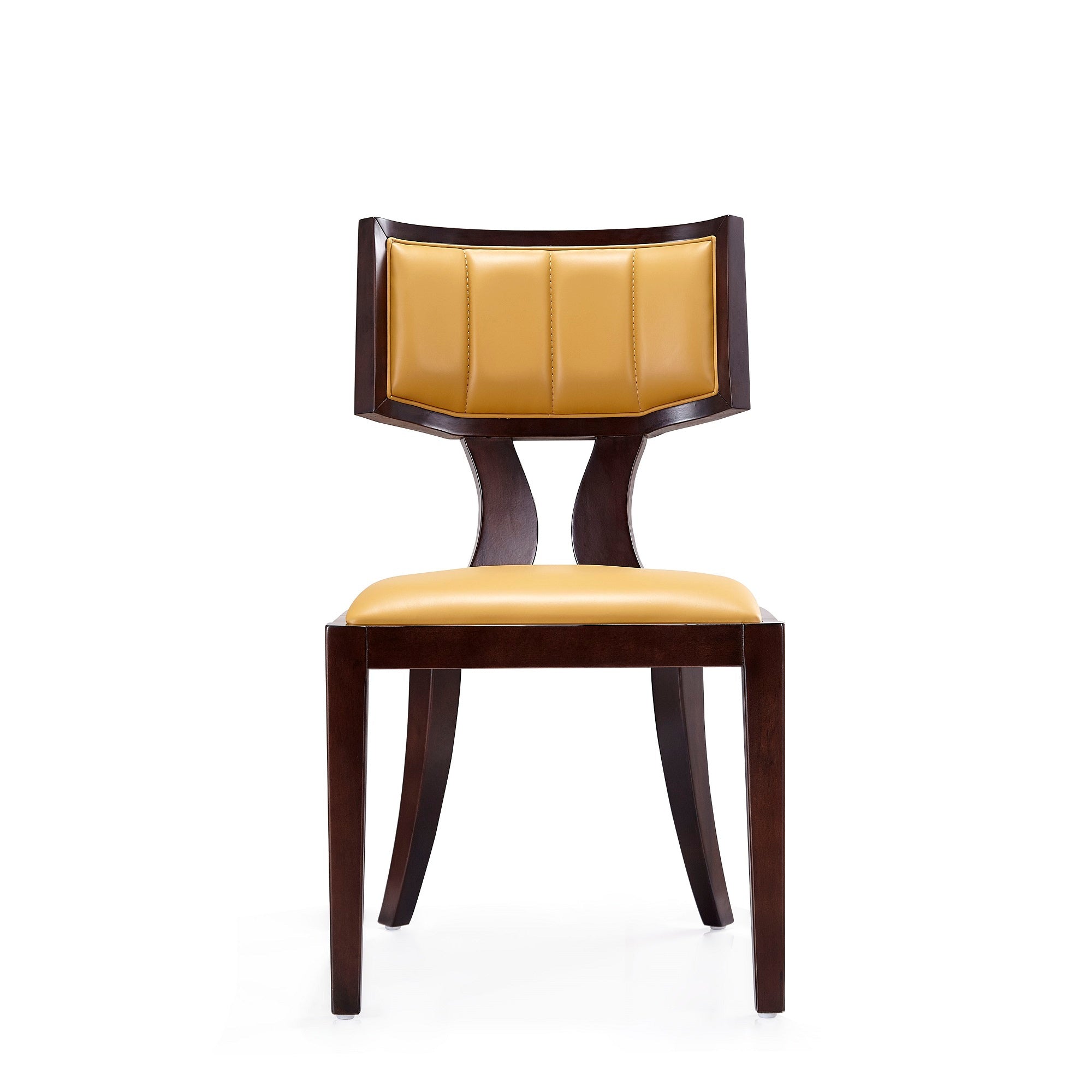 Front view of camel wood dining chair featuring solid beech frame and padded faux leather seat and backrest in camel color.