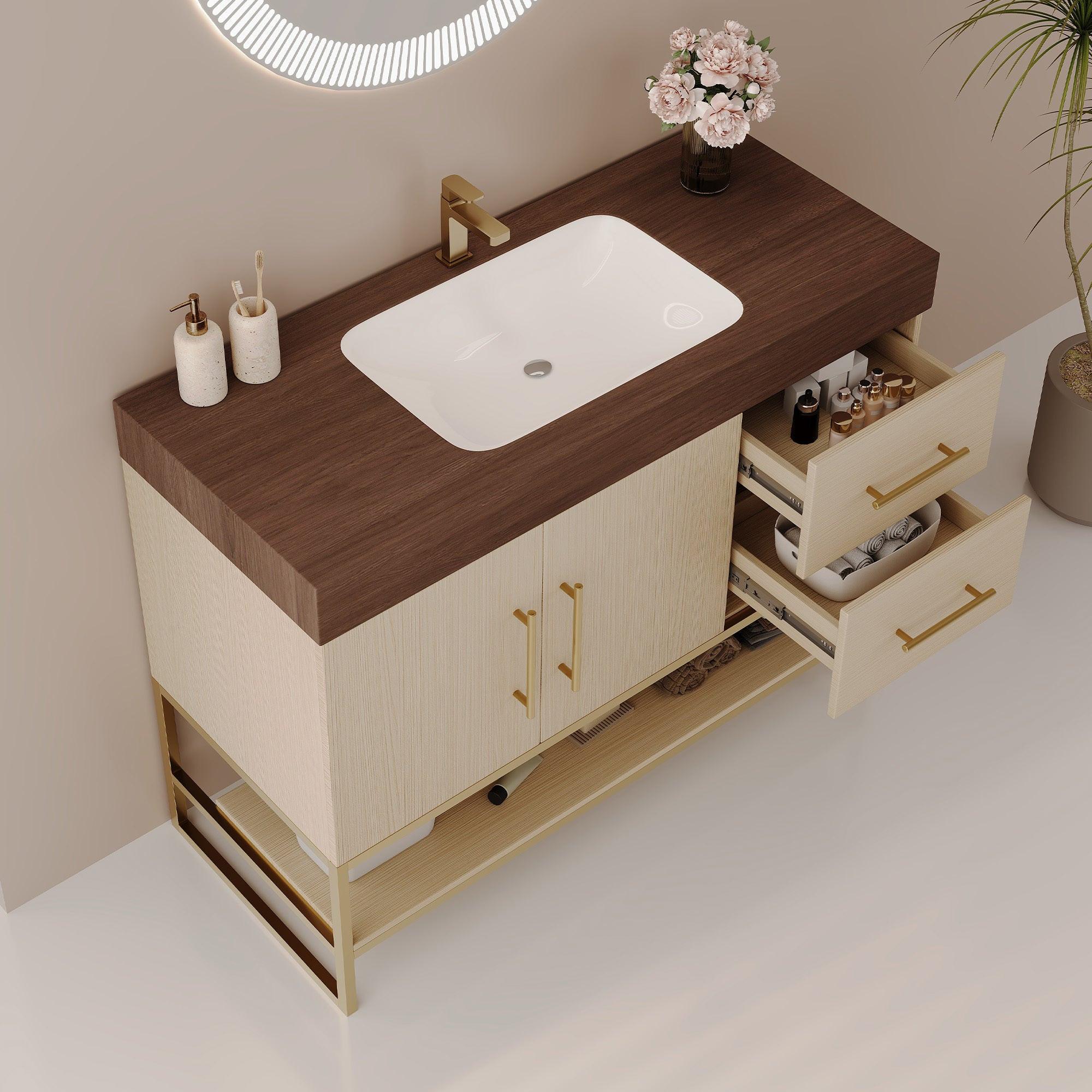 36' Modern Bathroom Vanity with Sink and Gold Accents.