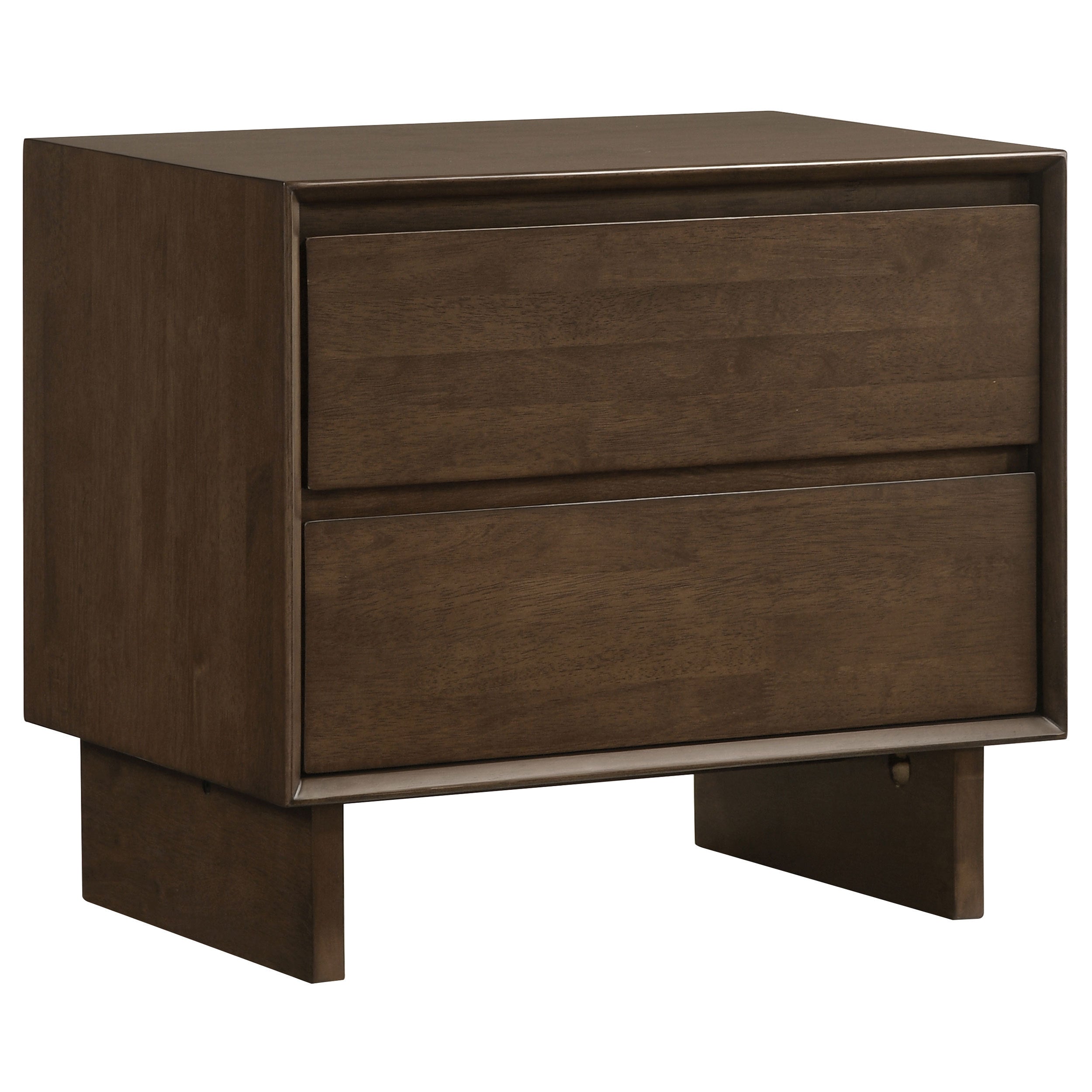 Modern two-drawer nightstand in warm brown solid wood, featuring sleek mitered trim and a sturdy platform base.