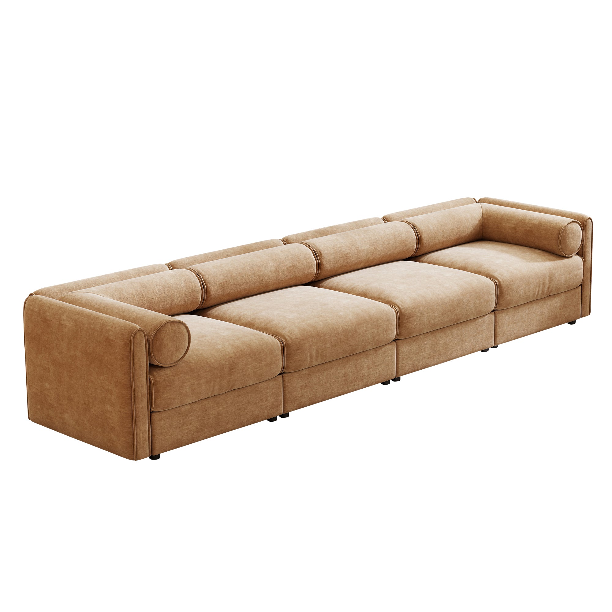 Camel-colored chenille modular 4-seat sectional sofa with deep seating and ergonomic cylindrical back and armrests.