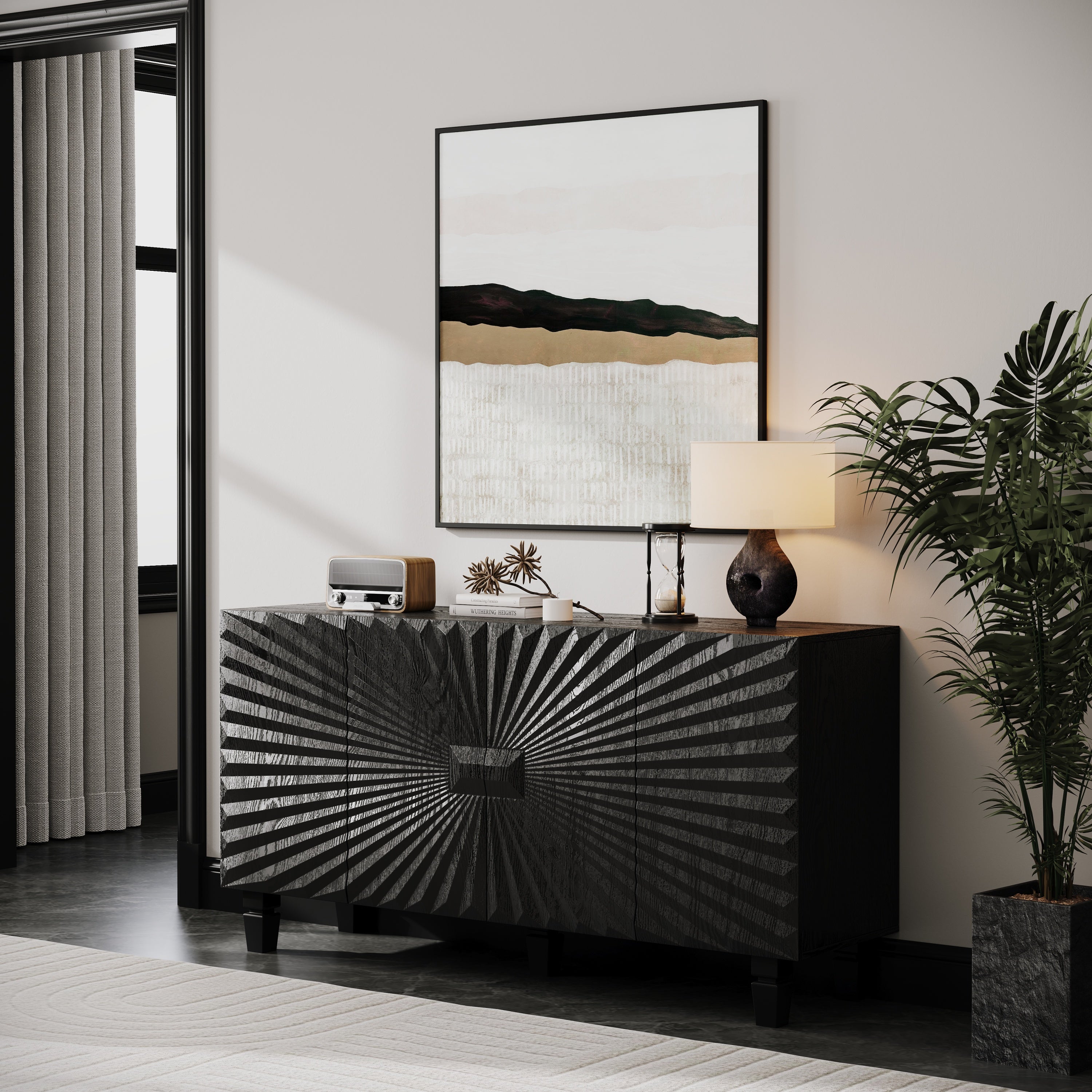 59-Inch Modern Black Buffet Sideboard with Sunburst Doors