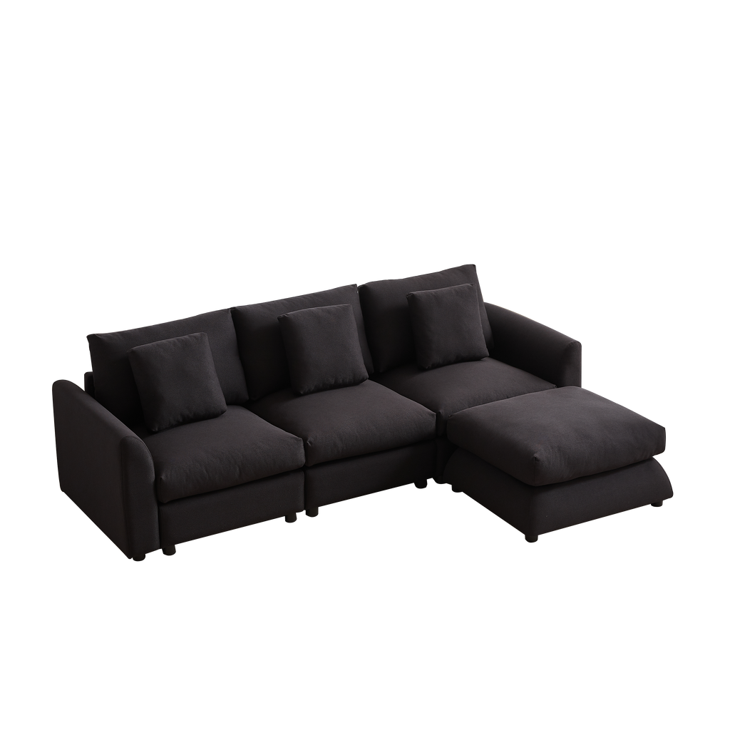 L-shaped modular sofa sleeper with ottoman, 3 cushions, and 4 pillows in dark upholstery, perfect for compact or stylish living spaces.