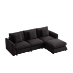 L-shaped modular sofa sleeper with ottoman, 3 cushions, and 4 pillows in dark upholstery, perfect for compact or stylish living spaces.