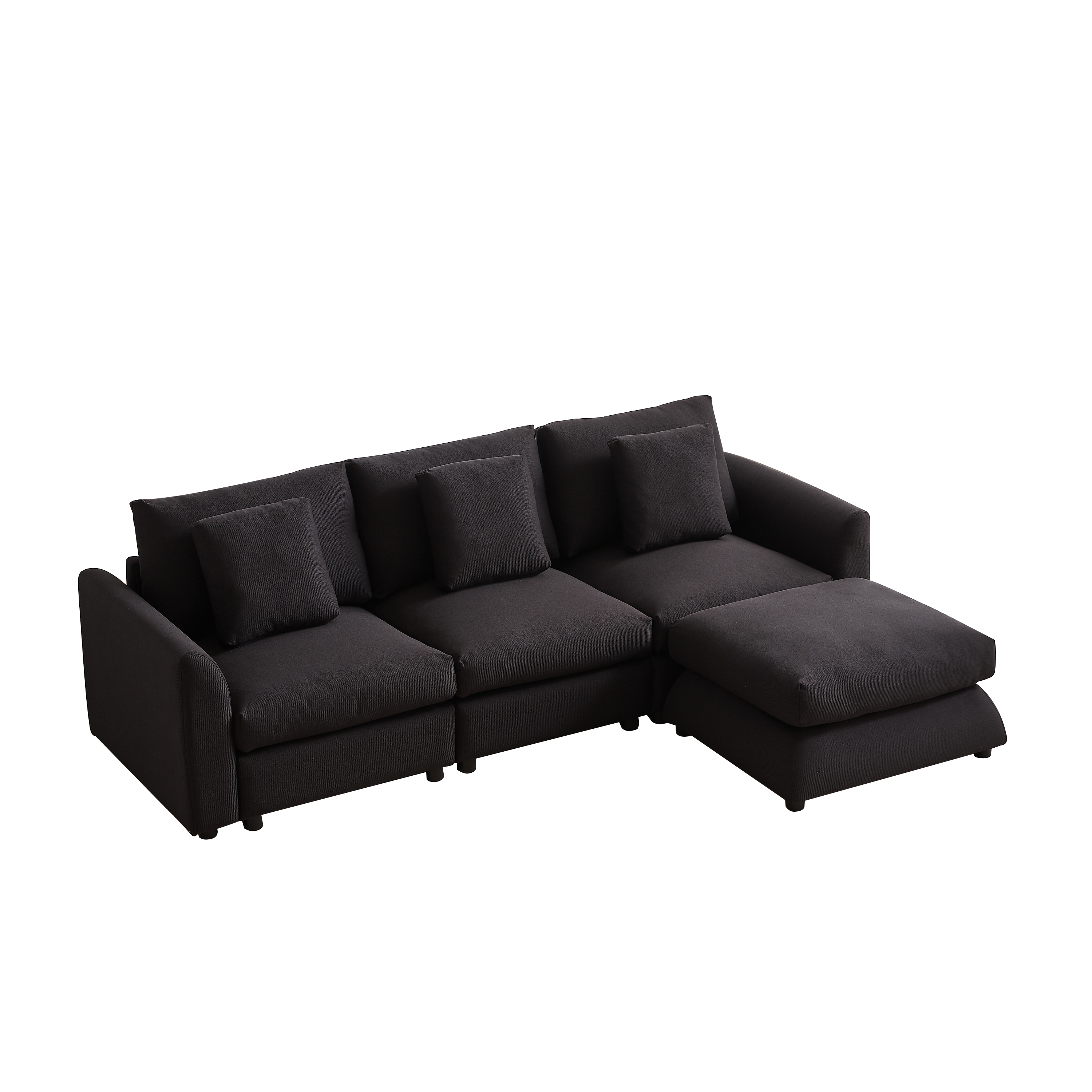 L-shaped modular sofa sleeper with ottoman, 3 cushions, and 4 pillows in dark upholstery, perfect for compact or stylish living spaces.