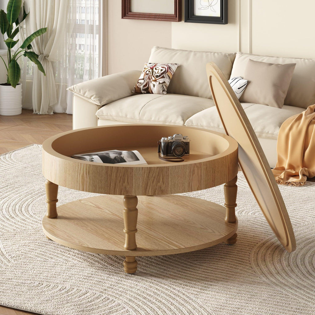 Coffee Table with Dual Storage for Living Room, 31.5' Modern Round Coffee Table with Storage and Hidden Compartment, Adjustable Leveling Feet, Easy Assembly(Natrual Wood).