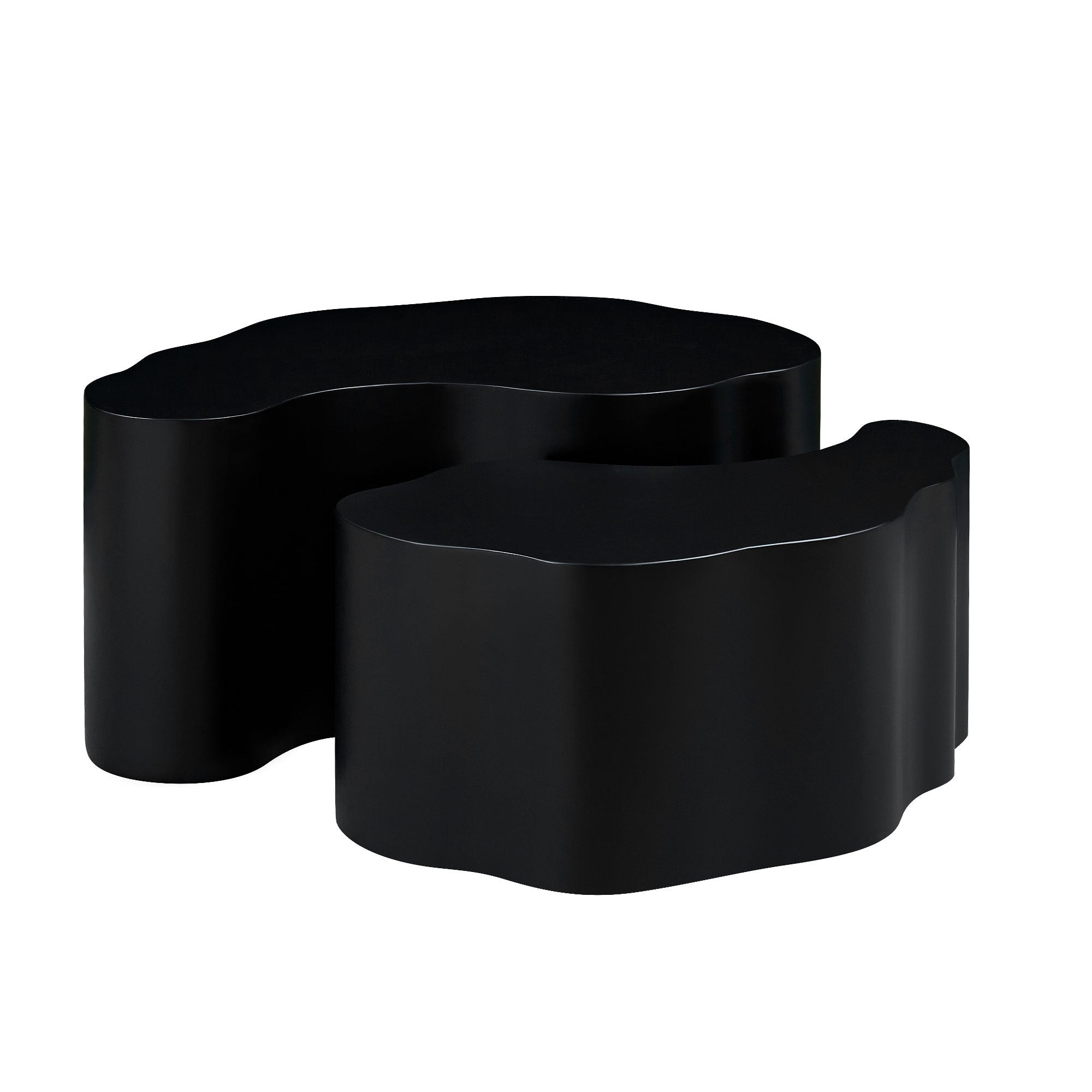 Black MDF Coffee Table Set of 2 with sculptural curves and smooth finish. Stylish no-assembly tables perfect for modern interiors.