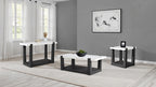 Modern coffee table faux marble set with matching end tables in a coordinated two-tone black and white living room ensemble.