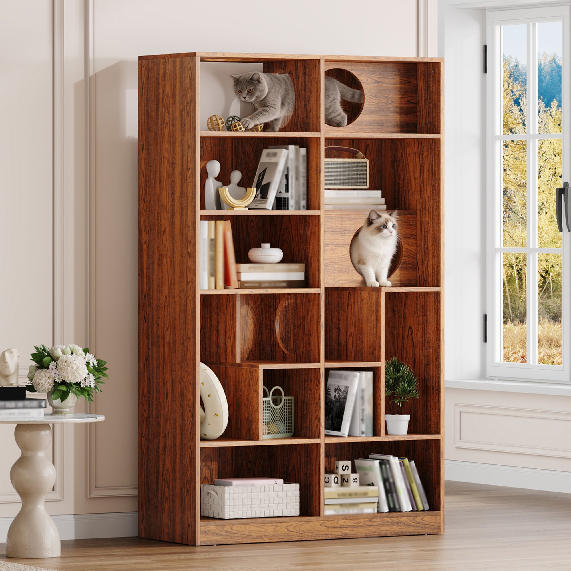 Modern 63-Inch Brown Wood Bookshelf and Cat Litter Box Enclosure