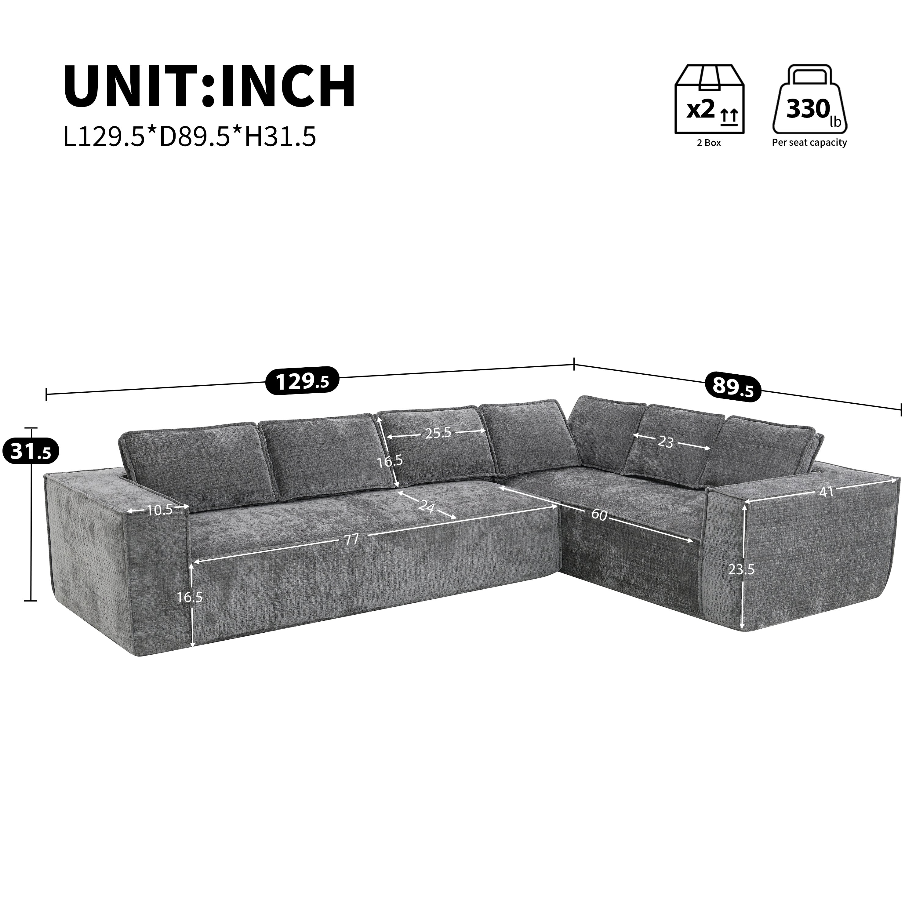 Dimensions of modular sectional sofa - chenille 6-seater L-shape shown in inches with labeled seat depth, width, and height.