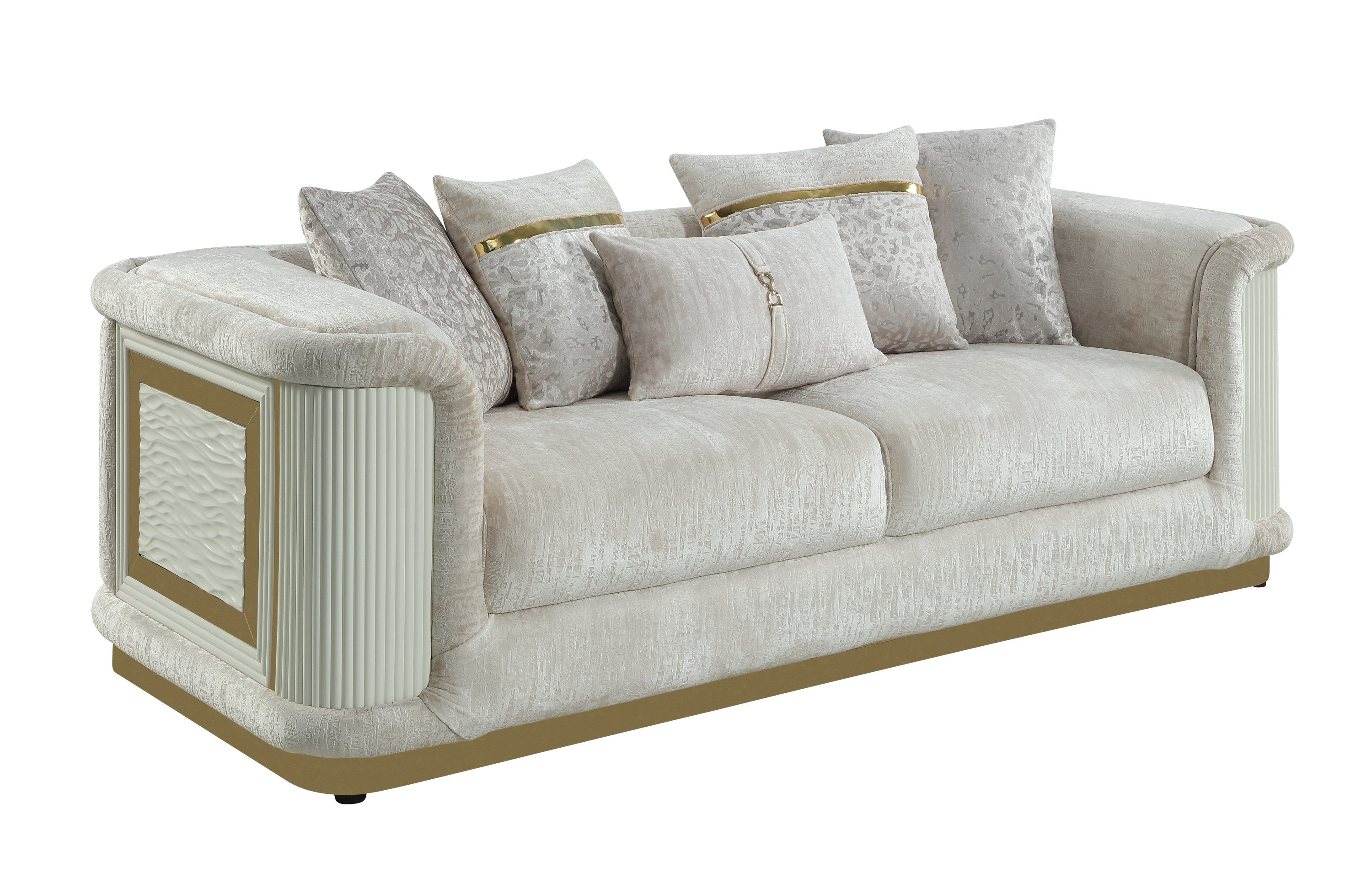 Contemporary beige sofa with gold-accented frame, textured fabric, side panels, and decorative throw pillows.