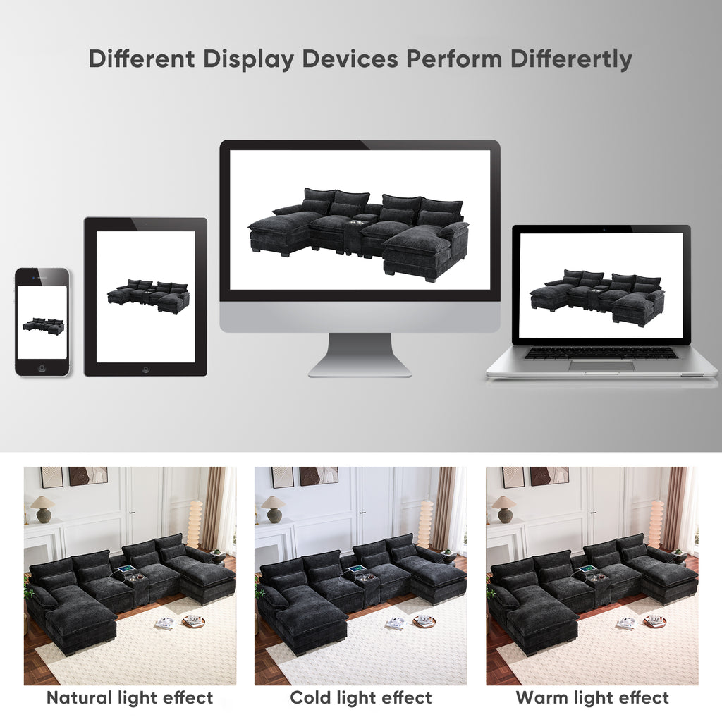 Modern U-Shaped Sectional Sofa with Console & USB displayed under different lighting conditions to show fabric color variations.