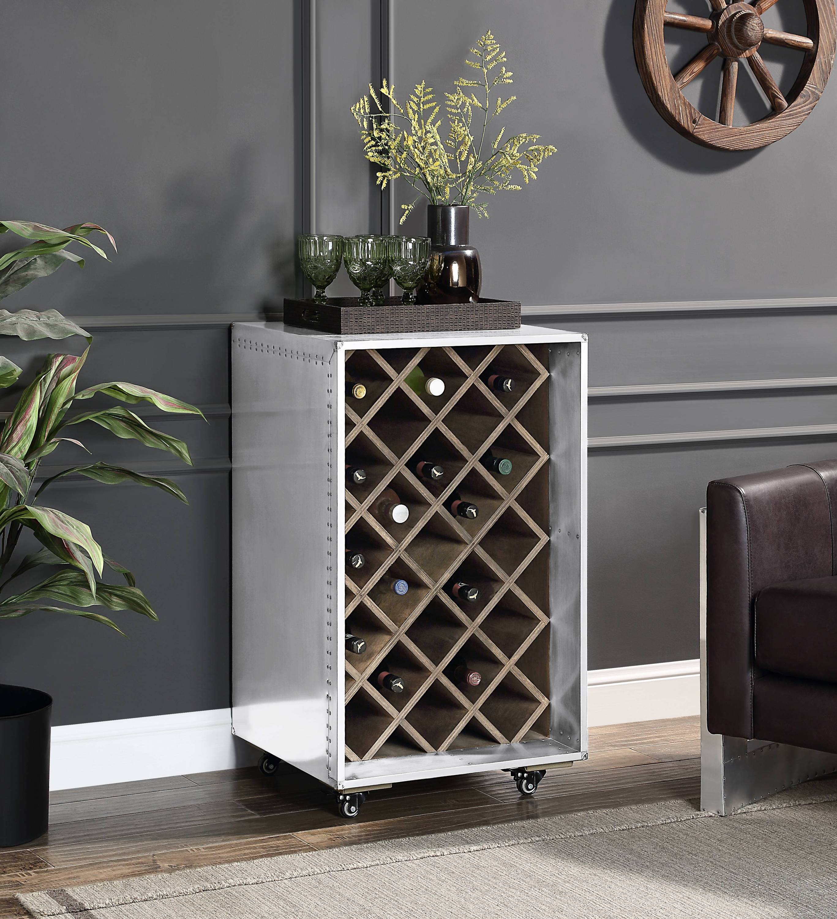 Raini Silver Aluminum 23-Bottle Wine Cabinet with Rolling Wheels