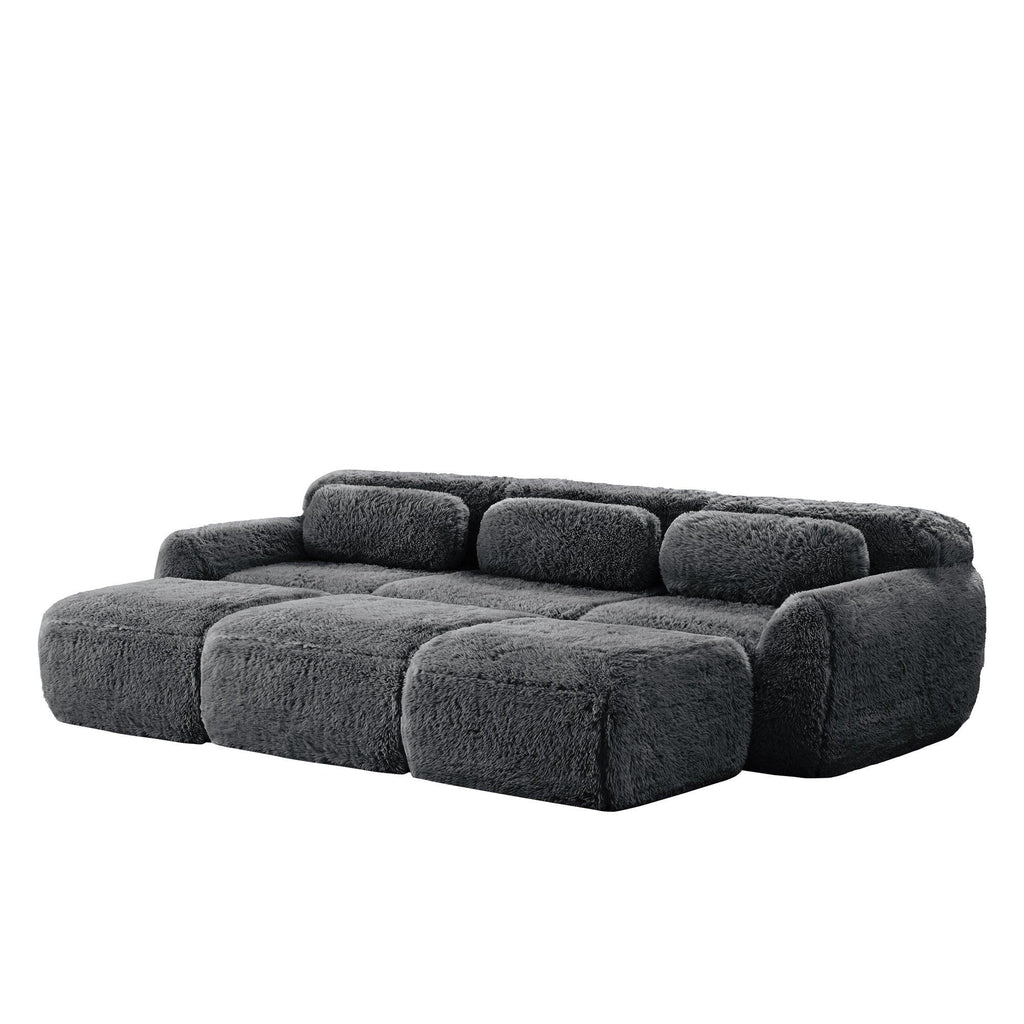 Modular 3-Seater Plush Sofa with Movable Ottoman - Dark Grey.
