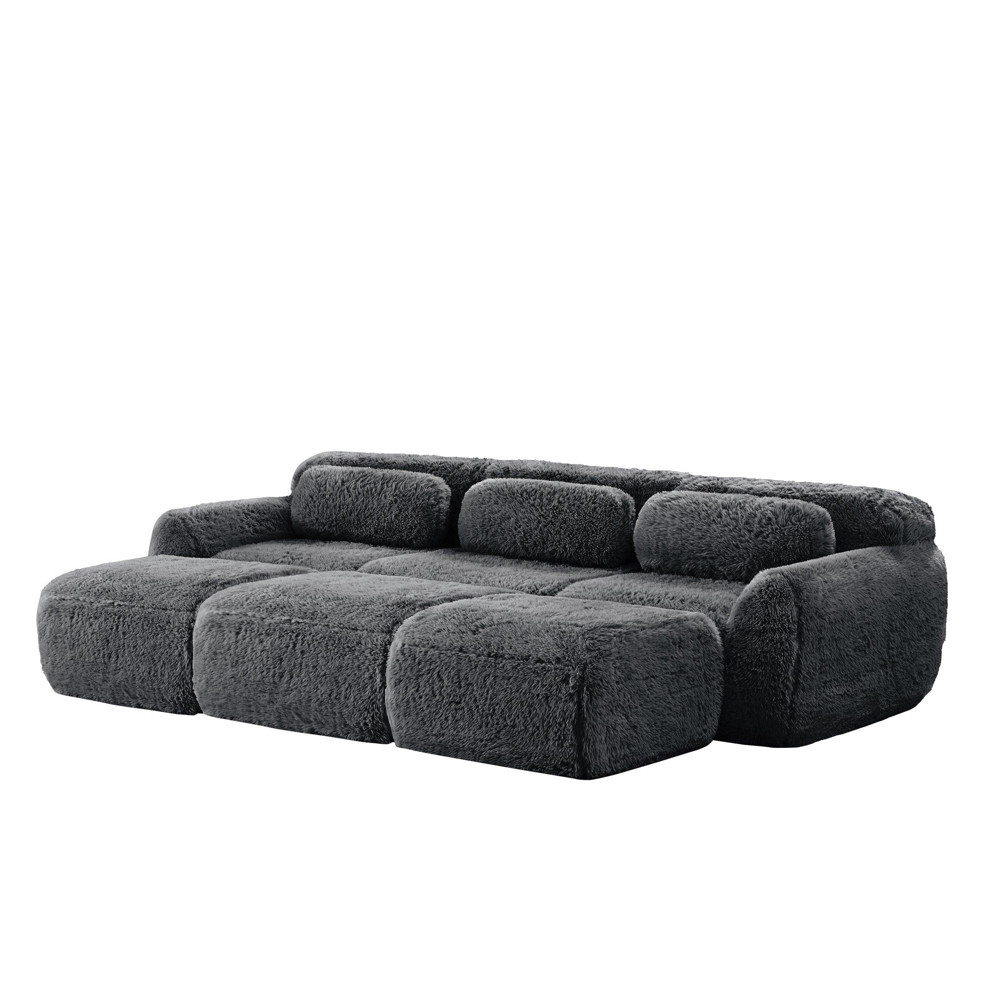 Modular 3-Seater Plush Sofa with Movable Ottoman - Dark Grey.