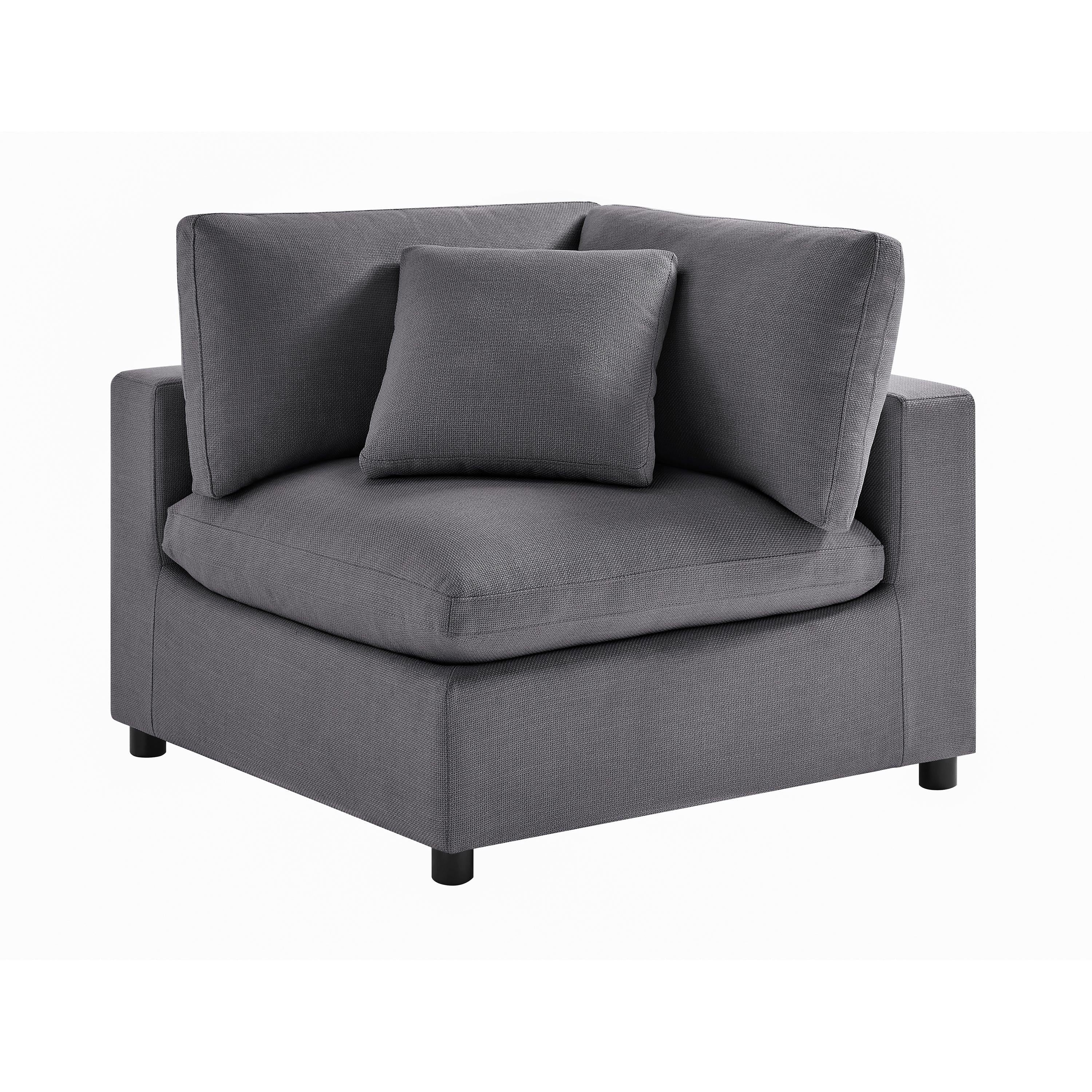 Cassandra Modular 5-Piece Sectional in Charcoal Grey with Solid Wood Legs and Plush Fabric Upholstery.