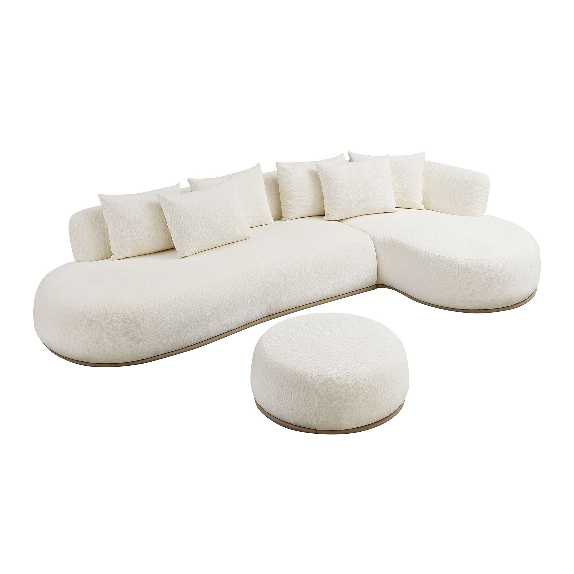 Oversized L-shape sectional sofa with ottoman in beige, featuring a modern curved design and plush cushions for stylish living room comfort.