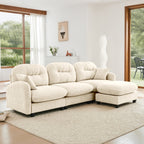 Chenille fabric modular L-shaped sectional couch with ottoman, placed in a modern living space with large windows and soft lighting.