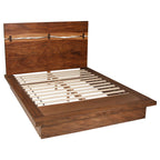 Queen-size floating platform bed in smokey walnut wood with natural veneer and decorative butterfly joint accents.