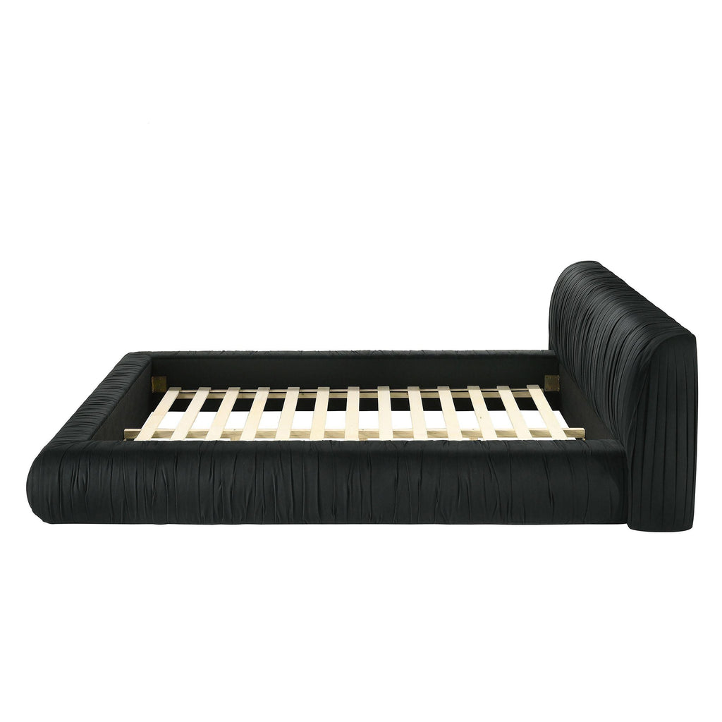 Black Upholstered King Size Bed with Pleated Design.