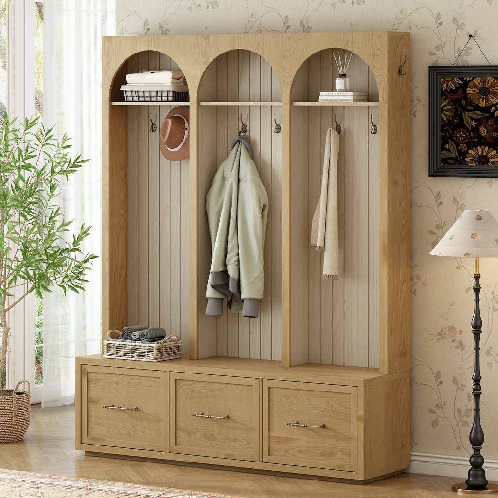 Natural oak farmhouse hall tree with three arched compartments, rustic coat hooks, and three base storage drawers.