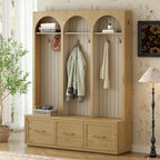 Natural oak farmhouse hall tree with three arched compartments, rustic coat hooks, and three base storage drawers.