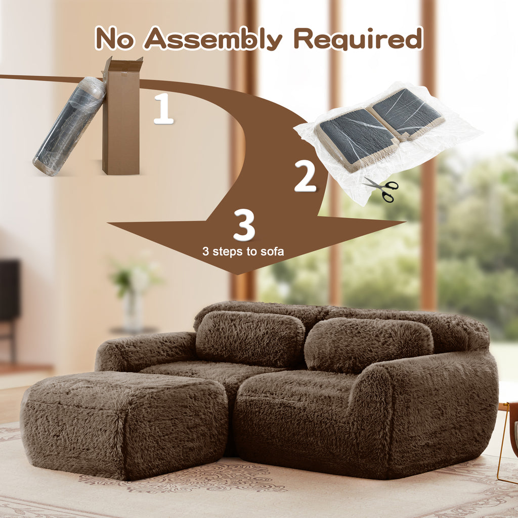 No assembly required for plush chocolate L-shaped modular sofa, shown in three easy setup steps for user convenience.