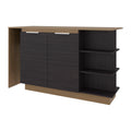 Wenge and natural oak kitchen island with a two-door storage cabinet and side shelving for extra display space.