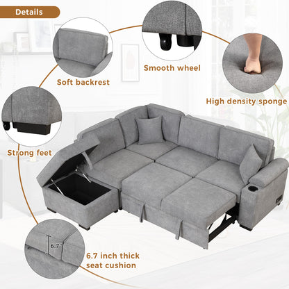 84.75 Sleeper Sofa Bed,2 in 1 Pull Out sofa bed L Shape Couch with Storage Ottoman for Living Room,Bedroom Couch and Small Apartment, Gray