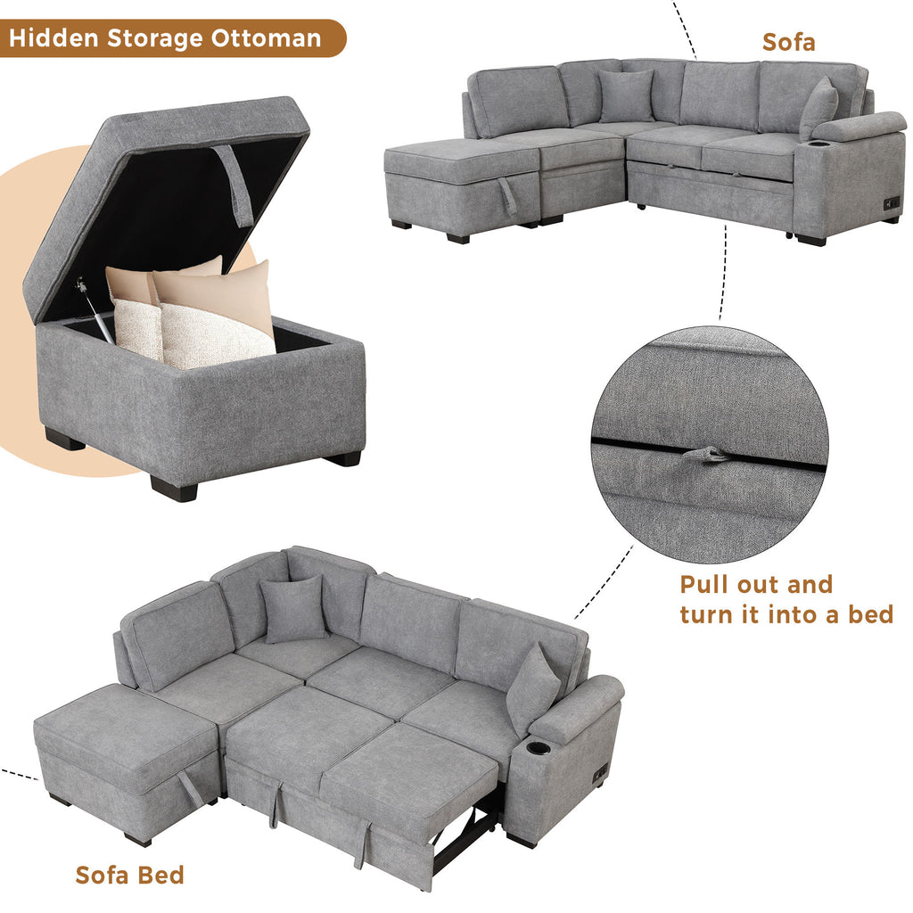 84.75 Sleeper Sofa Bed,2 in 1 Pull Out sofa bed L Shape Couch with Storage Ottoman for Living Room,Bedroom Couch and Small Apartment, Gray