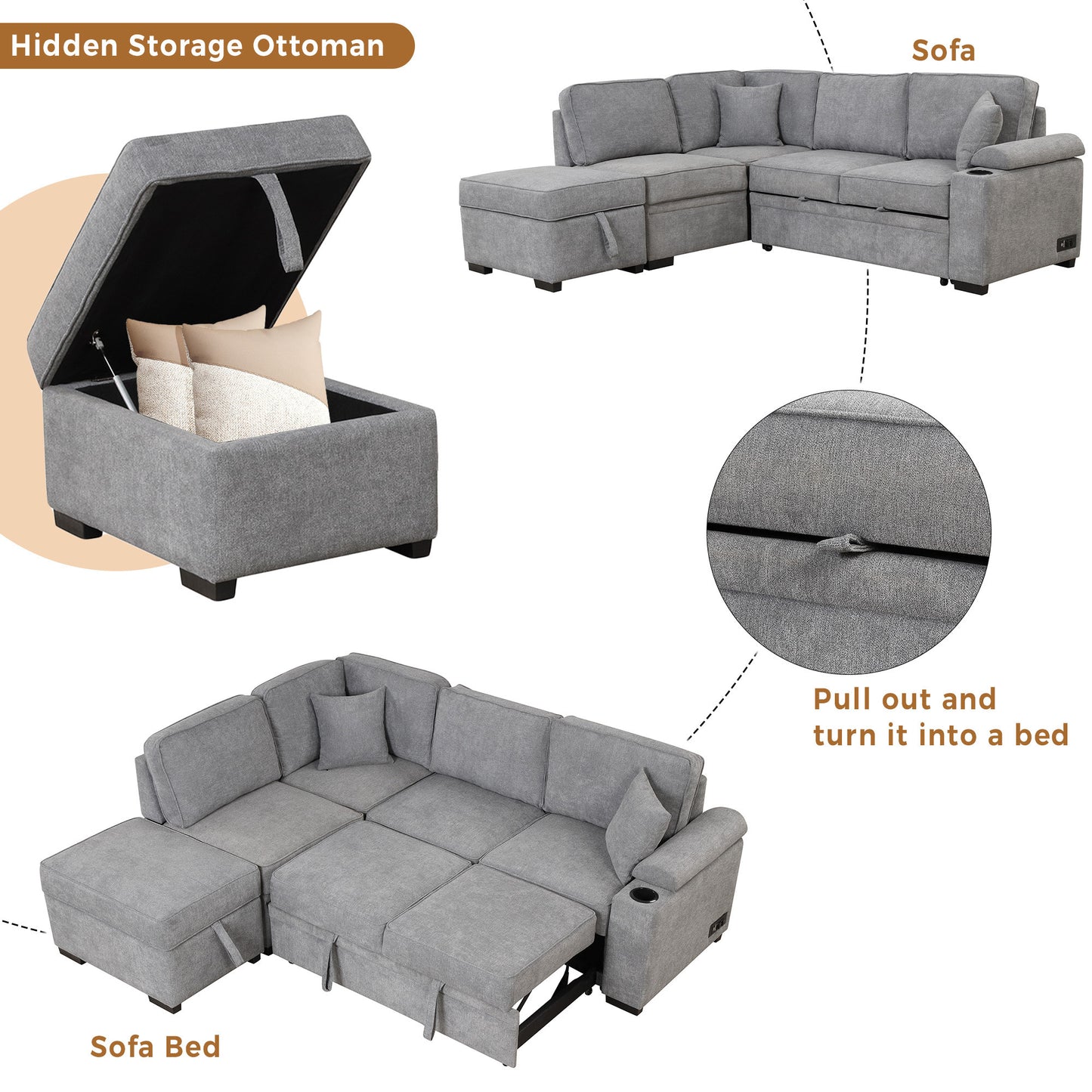 84.75 Sleeper Sofa Bed,2 in 1 Pull Out sofa bed L Shape Couch with Storage Ottoman for Living Room,Bedroom Couch and Small Apartment, Gray