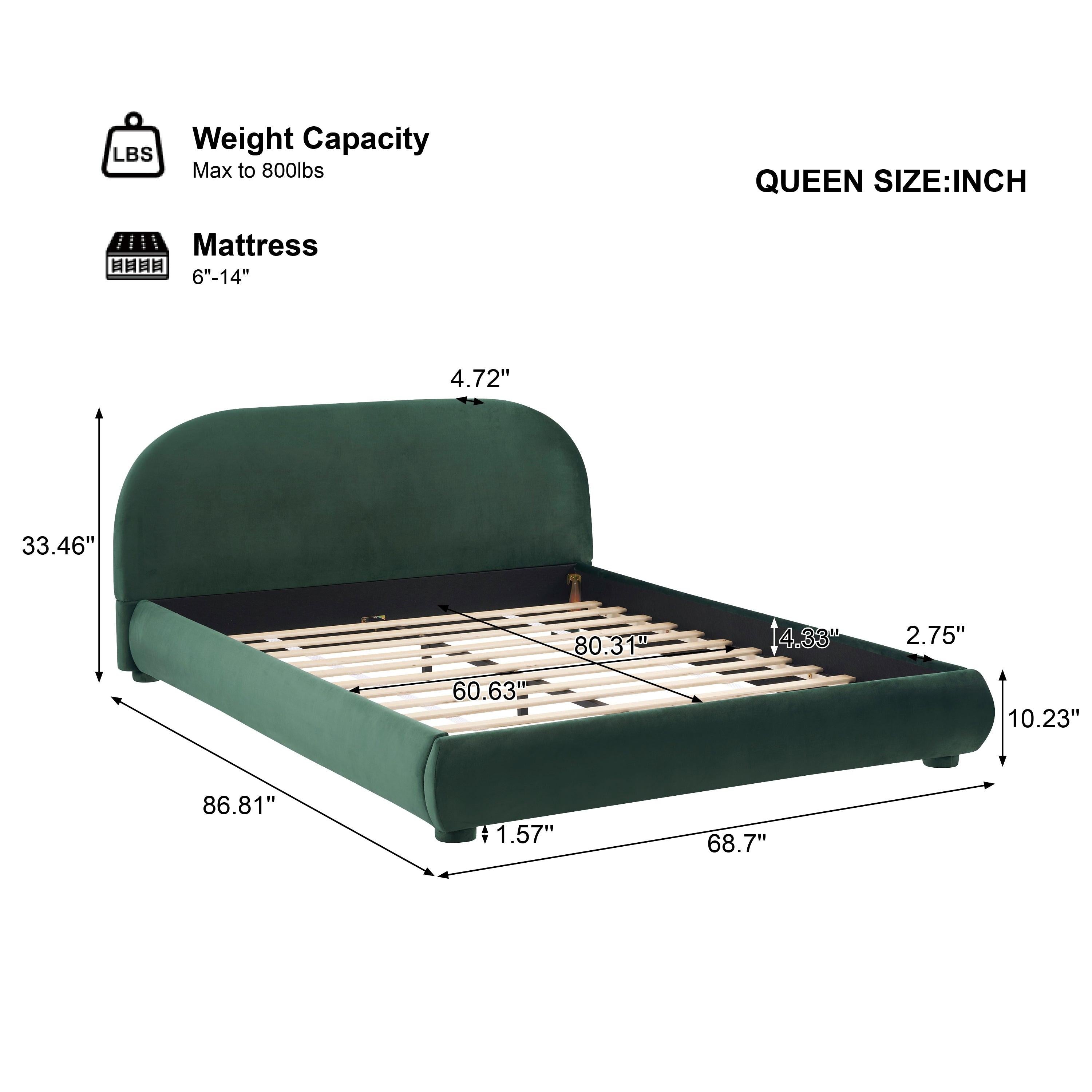 Dark Green Velvet Queen Bed with Curved Headboard.