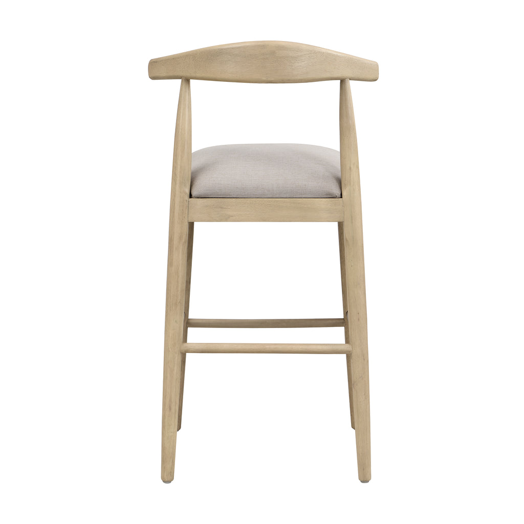 Back view of Stylish Pebble Fabric Bar Stool with curved wooden backrest and sturdy frame, suitable for kitchen islands or bars.