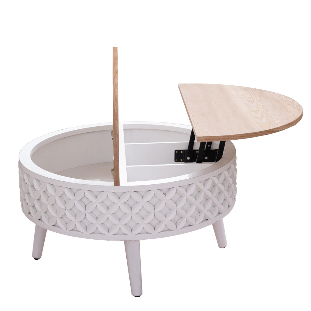 Round coffee table with lift-top open to reveal storage compartments, white carved base and natural wood finish.