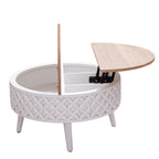 Round coffee table with lift-top open to reveal storage compartments, white carved base and natural wood finish.