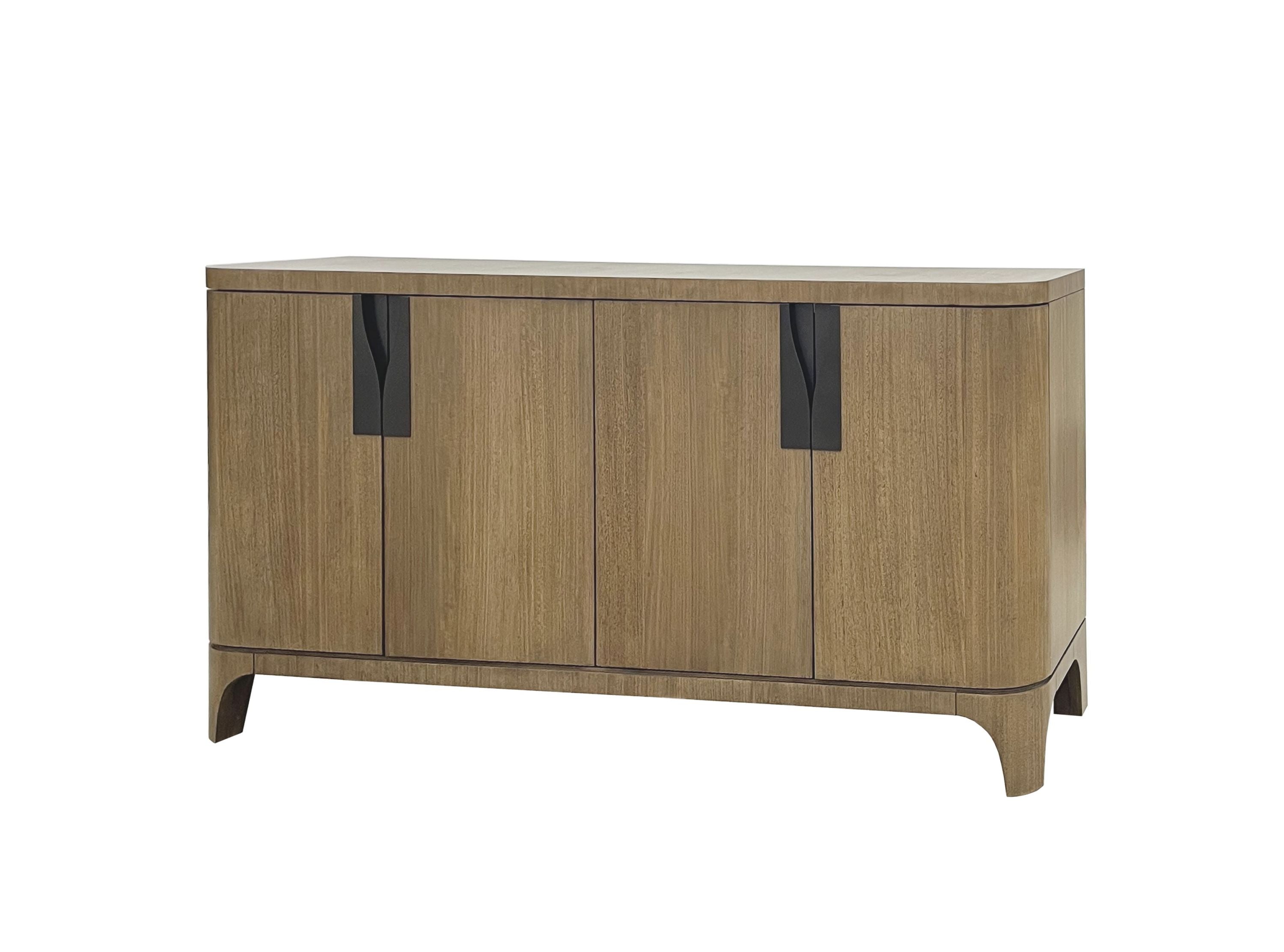 Angled view of Eucalyptus Server Furniture - Solid Wood & MDF buffet showcasing curved edges and contemporary design.