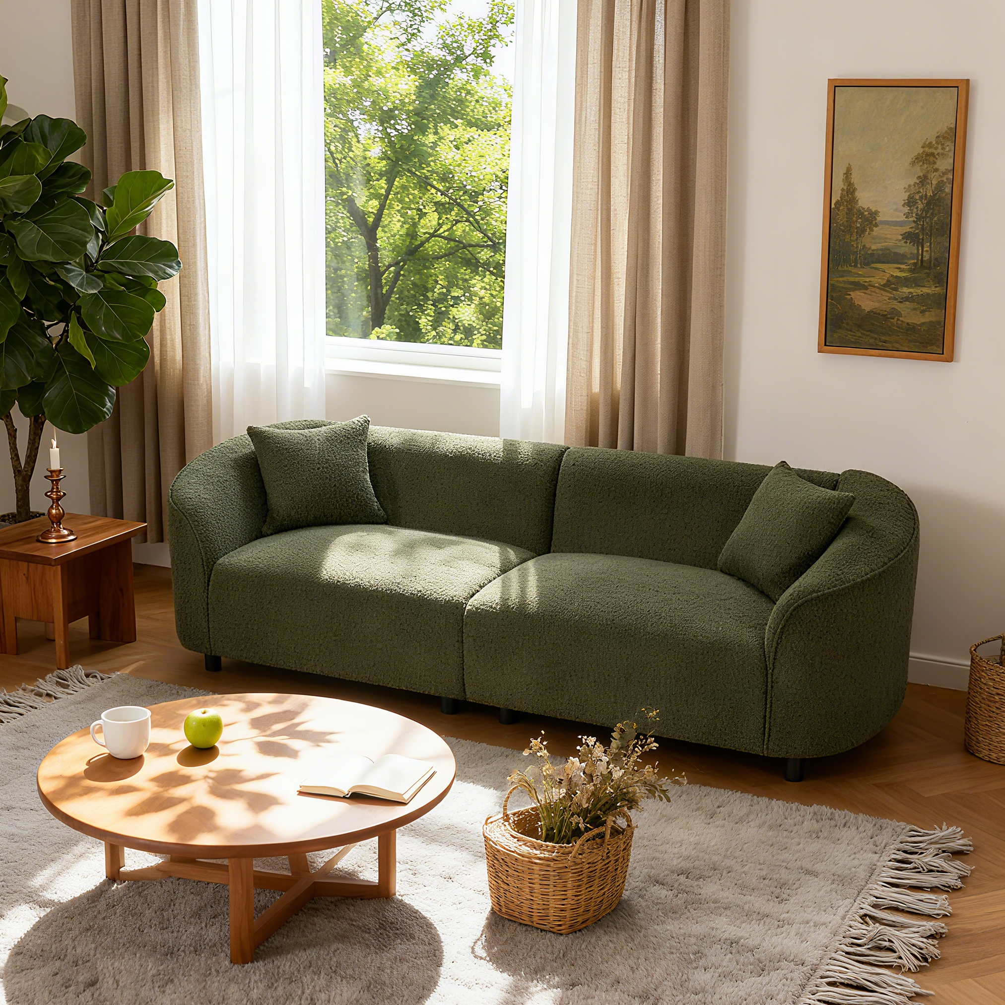 87-Inch Curved Boucle 3-Seater Sofa in Green - Contemporary Style