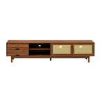 78-Inch Walnut TV Stand with Rattan Doors and Solid Wood Legs