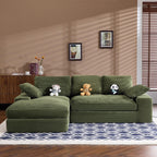 Green Corduroy Sofa with Cushions and Pillows.