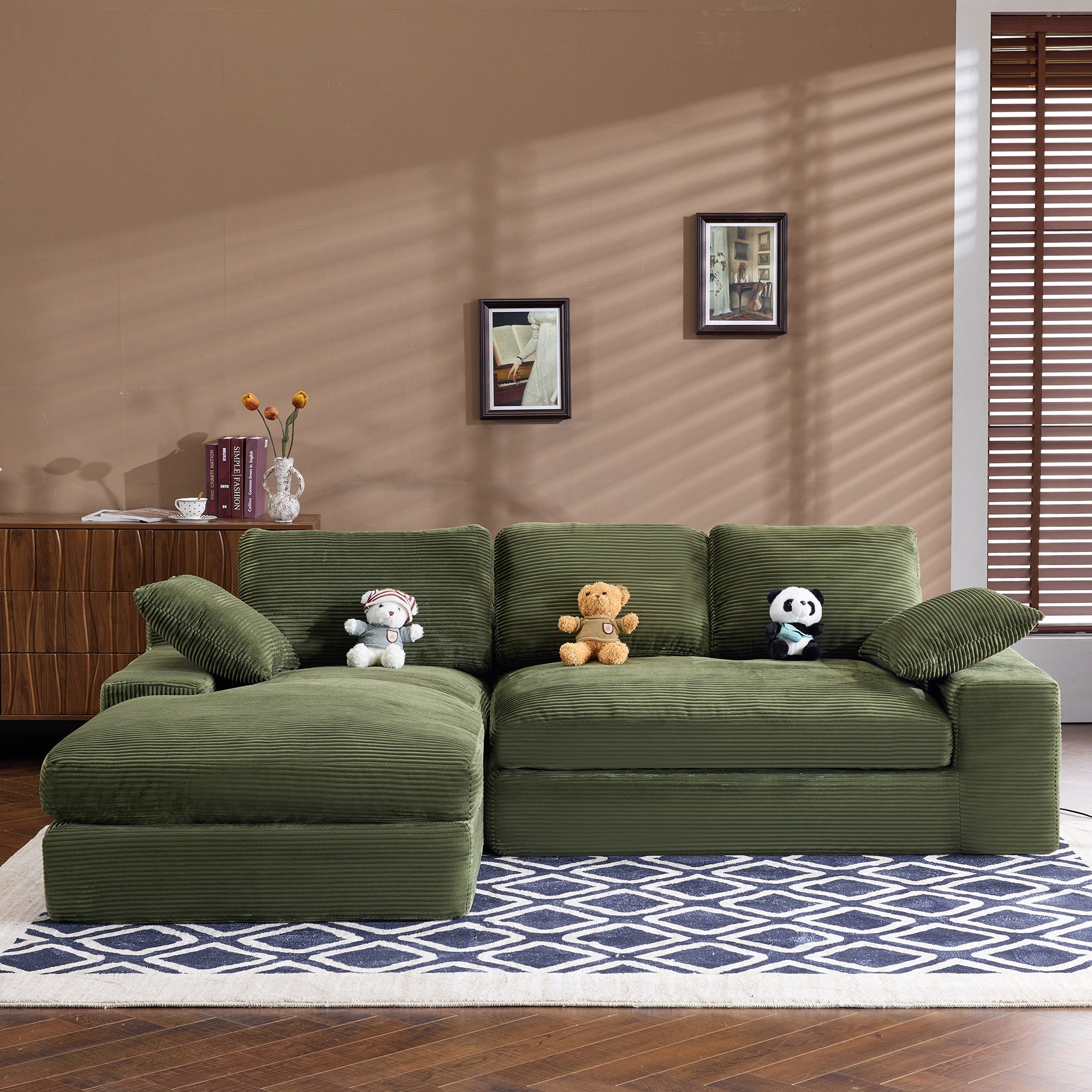 Green Corduroy Sofa - Plush Comfort | 4 Seat Modern Design featuring soft corduroy fabric and cozy back support on geometric rug.