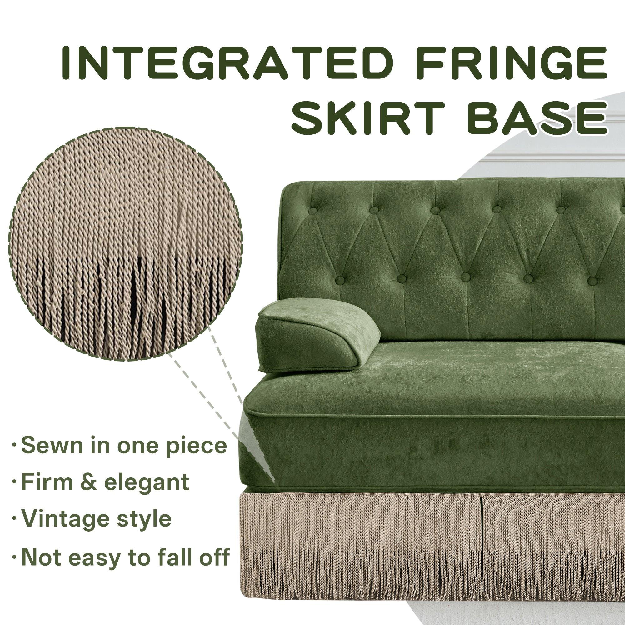 Modular Velvet Sofa in Green with Tassel Skirt.