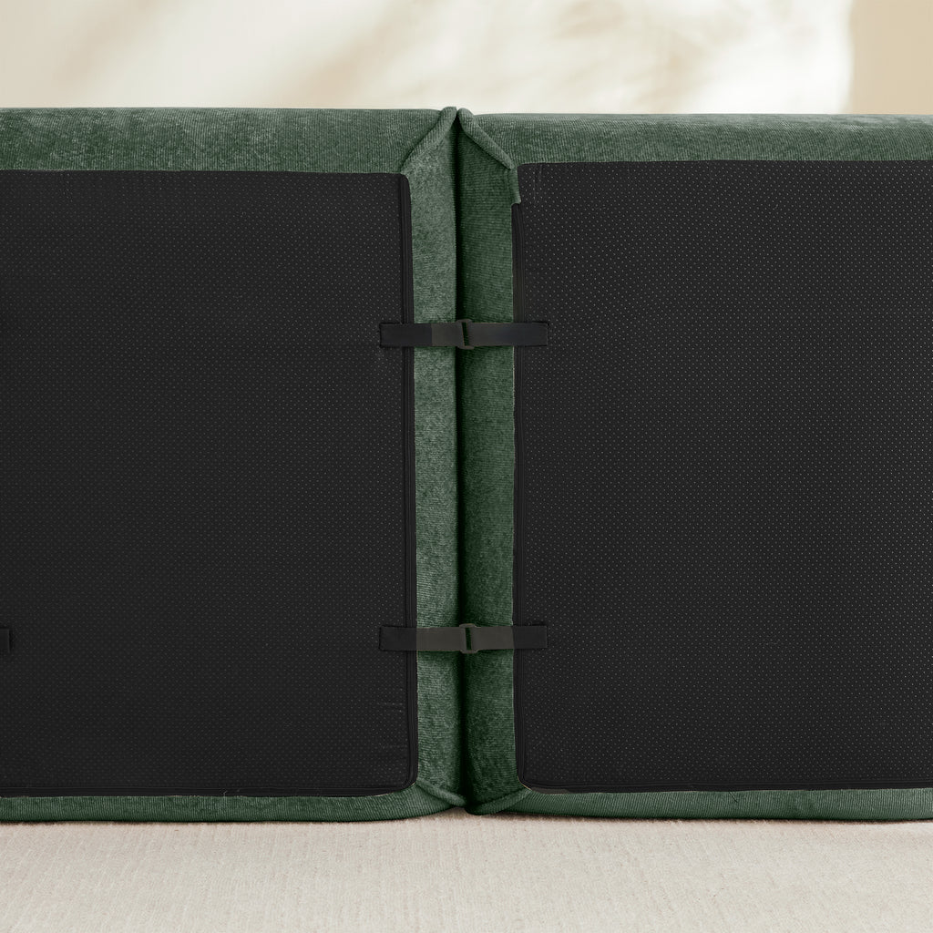 Close-up of the underside connectors on the 4 Seat Velvet Sofa - Modular Green Sofa showing secure attachment design for easy configuration.
