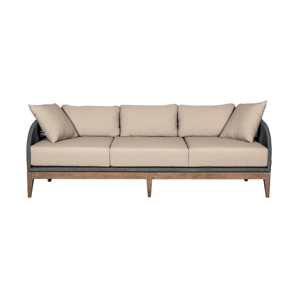 Outdoor Patio Sofa in Weathered Eucalyptus Wood.