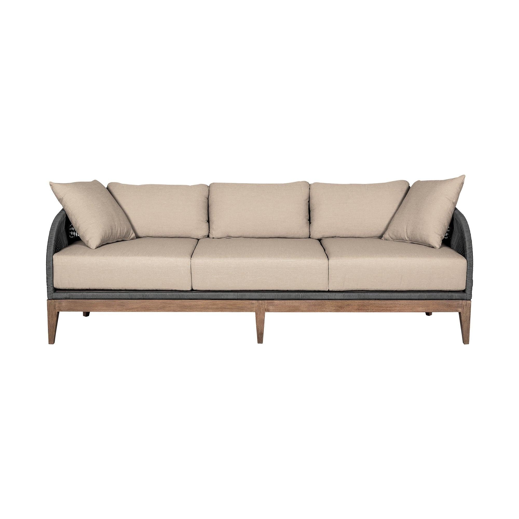 Outdoor Patio Sofa in Weathered Eucalyptus Wood.
