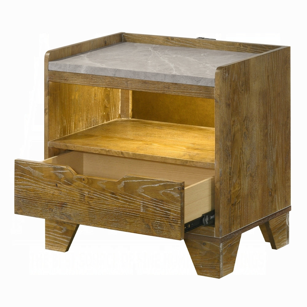 Brown Nightstand LED & USB - Transitional Style with drawer open, showcasing storage space and built-in LED lighting.